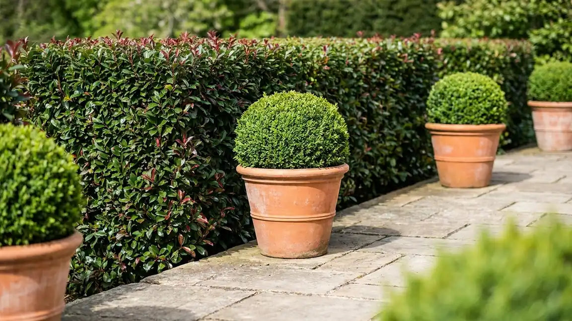Chemin en dalles bordé d'un arbuste au feuillage persistant dense et de plusieurs buis sphériques en pots en terre cuite