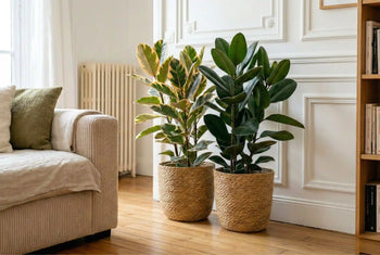 Ficus elastica et ficus lyrata en cache-pots tressés dans un salon
