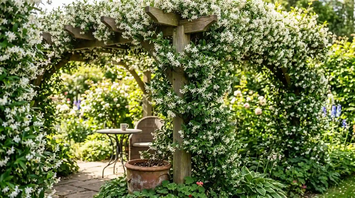 Jasmin grimpant en fleurs blanches couvrant une pergola en bois au-dessus d'une terrasse de jardin fleurie et ensoleillée