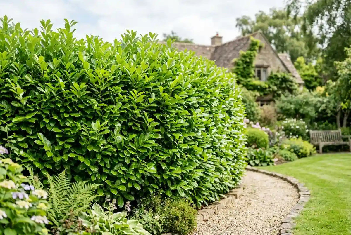 Haie de laurier-cerise persistante au feuillage vert brillant bordant une allée de jardin devant une maison.