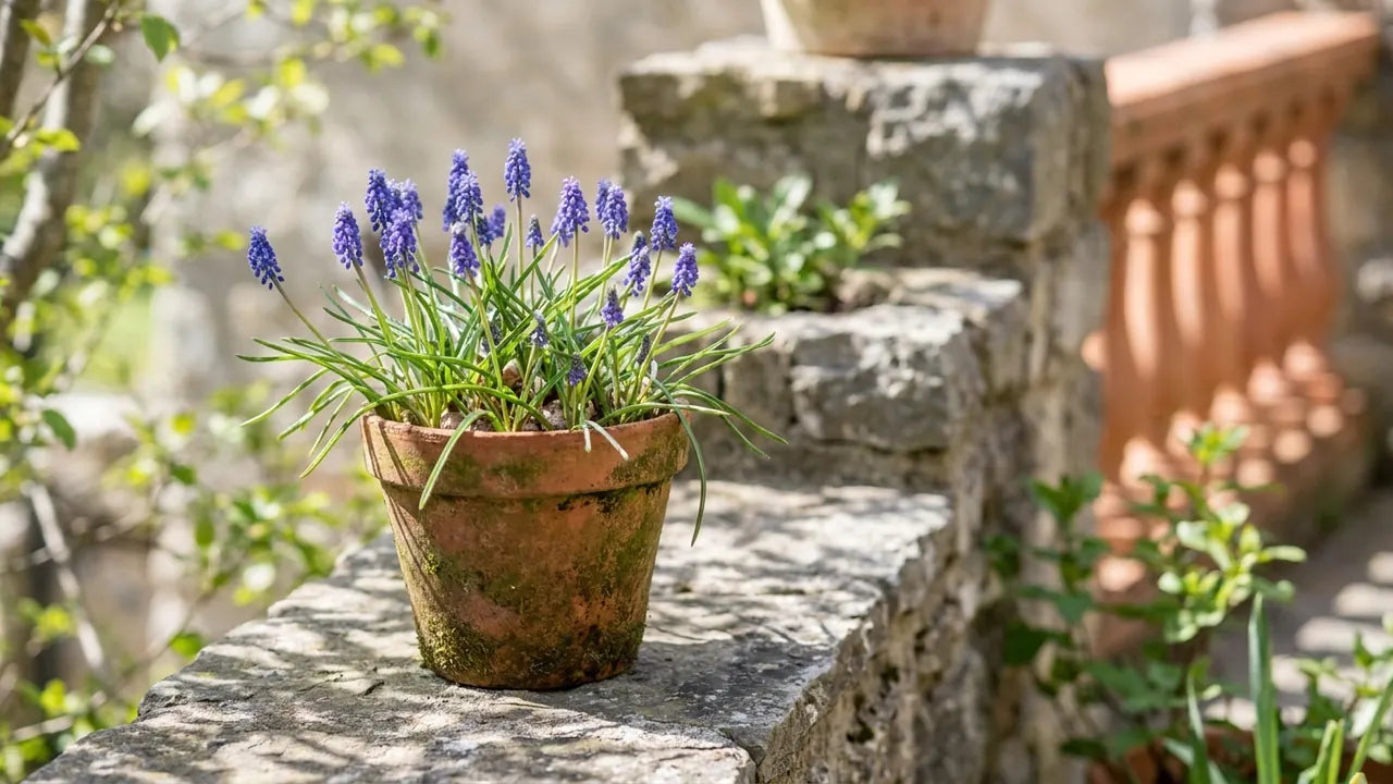 Un pot en terre cuite rempli de fleurs de Muscari violettes et de feuilles vertes sur un mur de pierre