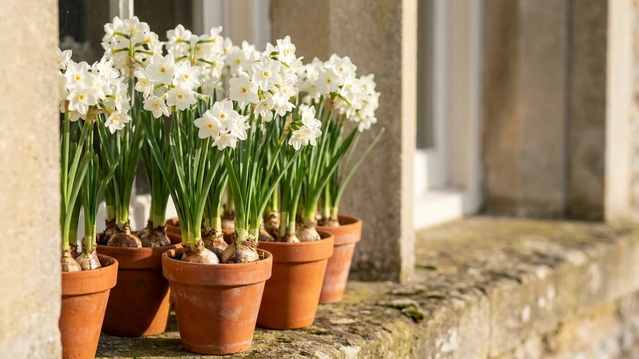 Plusieurs narcisses blancs en pleine floraison avec de longues feuilles vertes dans des pots en terre cuite alignés sur un rebord de