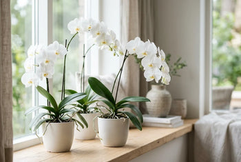 Orchidées blanches Phalaenopsis en fleurs dans des pots crème sur un rebord de fenêtre en bois, décoration d'intérieur claire et épurée.