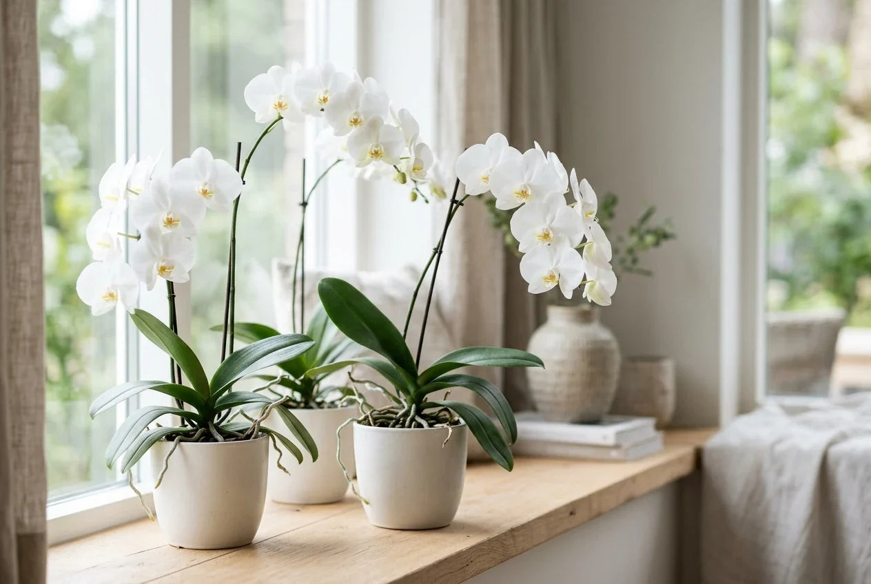 Orchidées blanches Phalaenopsis en fleurs dans des pots crème sur un rebord de fenêtre en bois, décoration d'intérieur claire et épurée.
