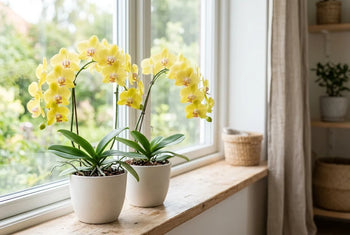 Orchidées jaunes Phalaenopsis en fleurs dans des pots blancs sur un rebord de fenêtre en bois lumineux, jardin verdoyant en arrière-plan.
