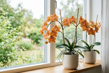 Orchidées orange Phalaenopsis en fleurs dans des pots blancs sur un rebord de fenêtre lumineux, jardin verdoyant en arrière-plan.