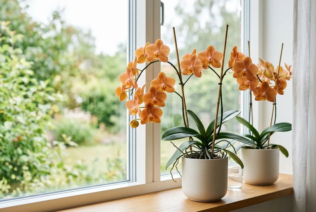 Orchidées orange Phalaenopsis en fleurs dans des pots blancs sur un rebord de fenêtre lumineux, jardin verdoyant en arrière-plan.