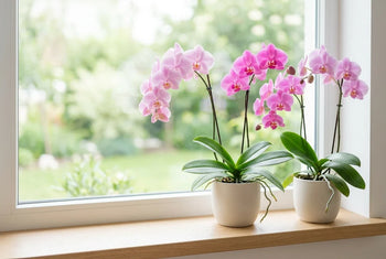 Orchidées roses Phalaenopsis en fleurs dans des pots blancs sur un rebord de fenêtre en bois, lumière naturelle douce.