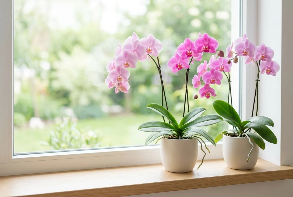 Orchidées roses Phalaenopsis en fleurs dans des pots blancs sur un rebord de fenêtre en bois, lumière naturelle douce.