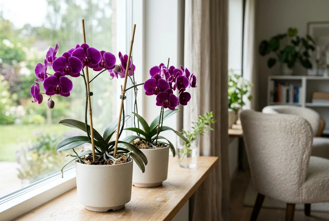 Orchidées violettes Phalaenopsis en fleurs tuteurées, dans des pots blancs sur un rebord de fenêtre lumineux d'un intérieur cosy.