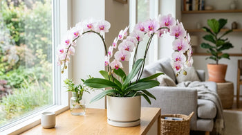 Orchidées Phalaenopsis roses et blanches en fleurs dans des pots en céramique, sur un rebord de fenêtre lumineux d'intérieur.