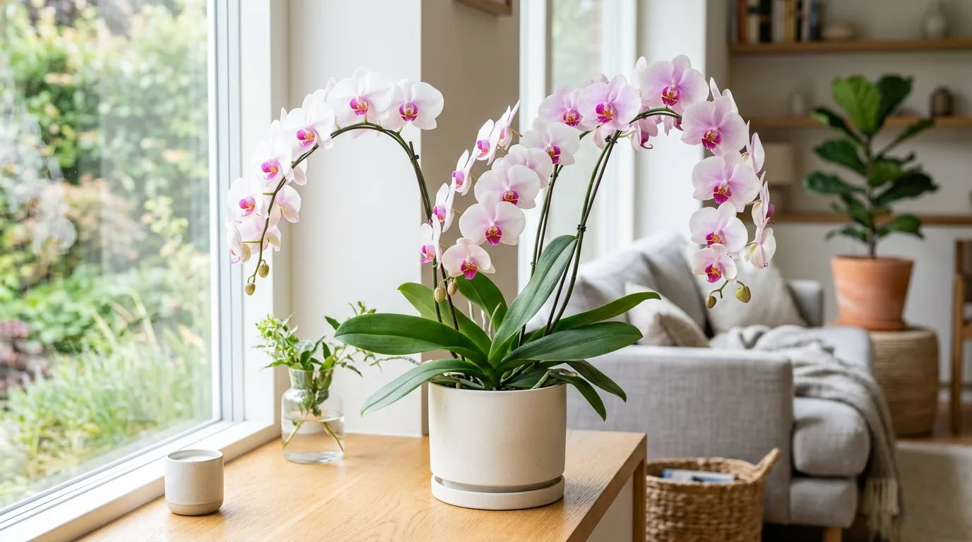 Orchidées Phalaenopsis roses et blanches en fleurs dans des pots en céramique, sur un rebord de fenêtre lumineux d'intérieur.