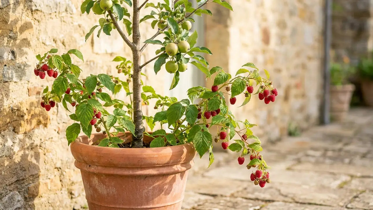 Des petits fruits rouges sur un framboisier en pot et un jeune pommier fruitier vert à l'arrière-plan