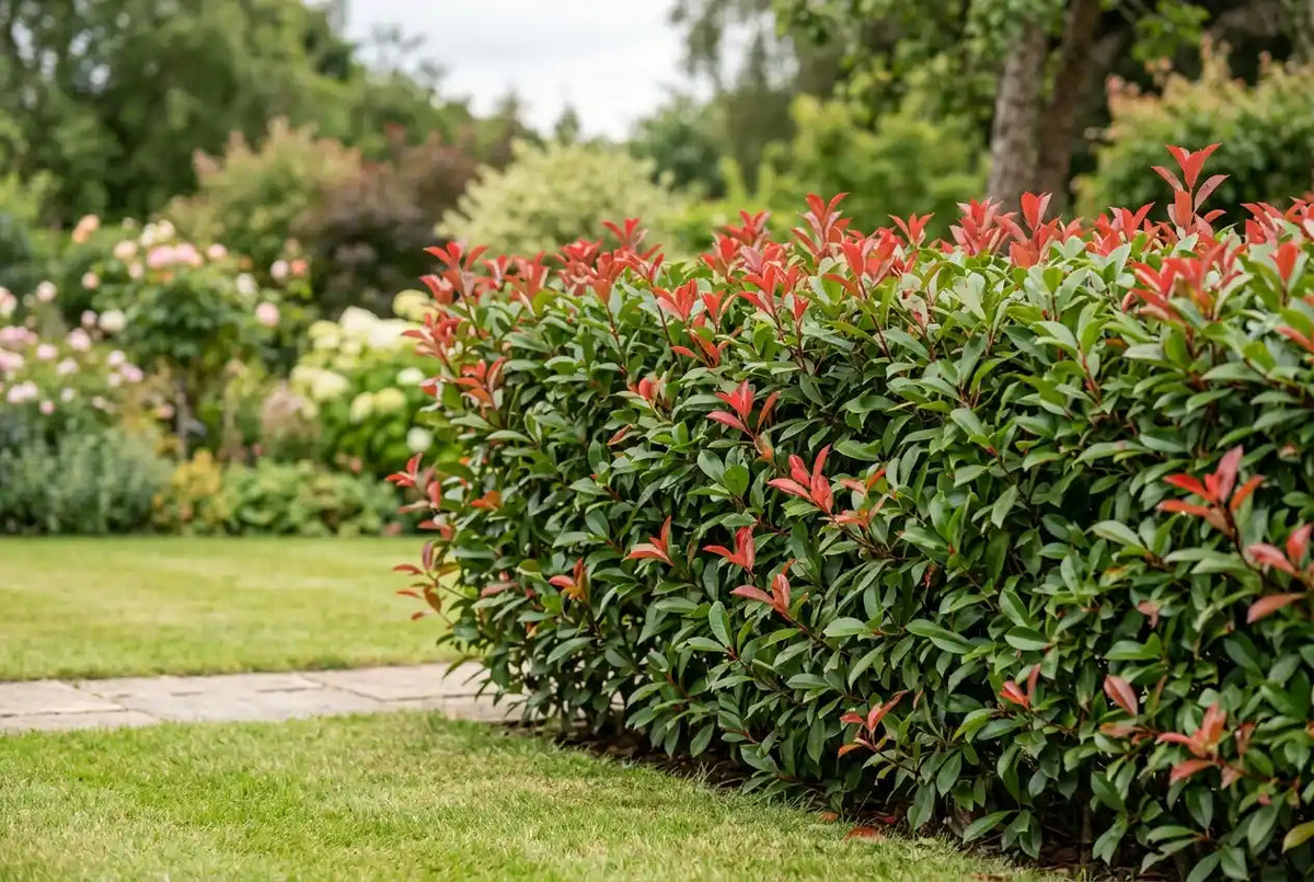 Haie de Photinia Red Robin aux jeunes pousses rouges et feuillage vert brillant, le long d'une allée de jardin.