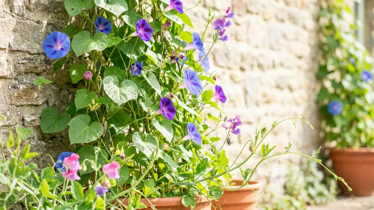 Plantes à croissance rapide, des ipomées et pois de senteur bleus et violets grimpant sur un mur de pierres