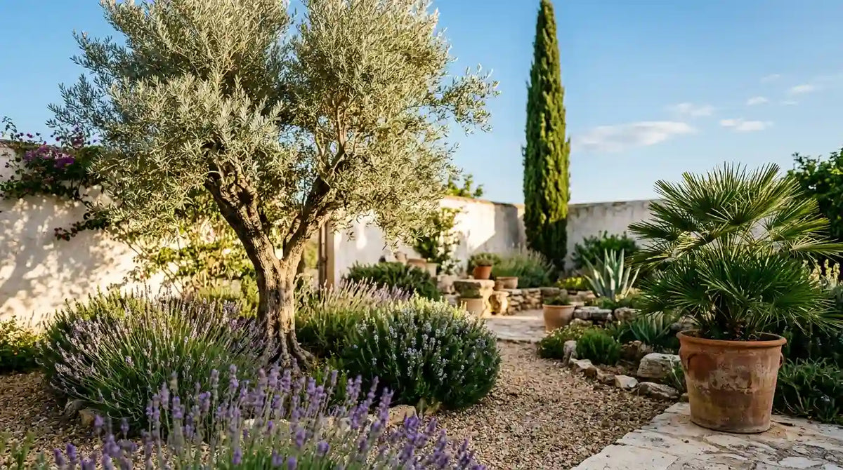 Plantes méditerranéennes en jardin : olivier, lavande, cyprès et palmier en pot terre cuite sur gravier au soleil