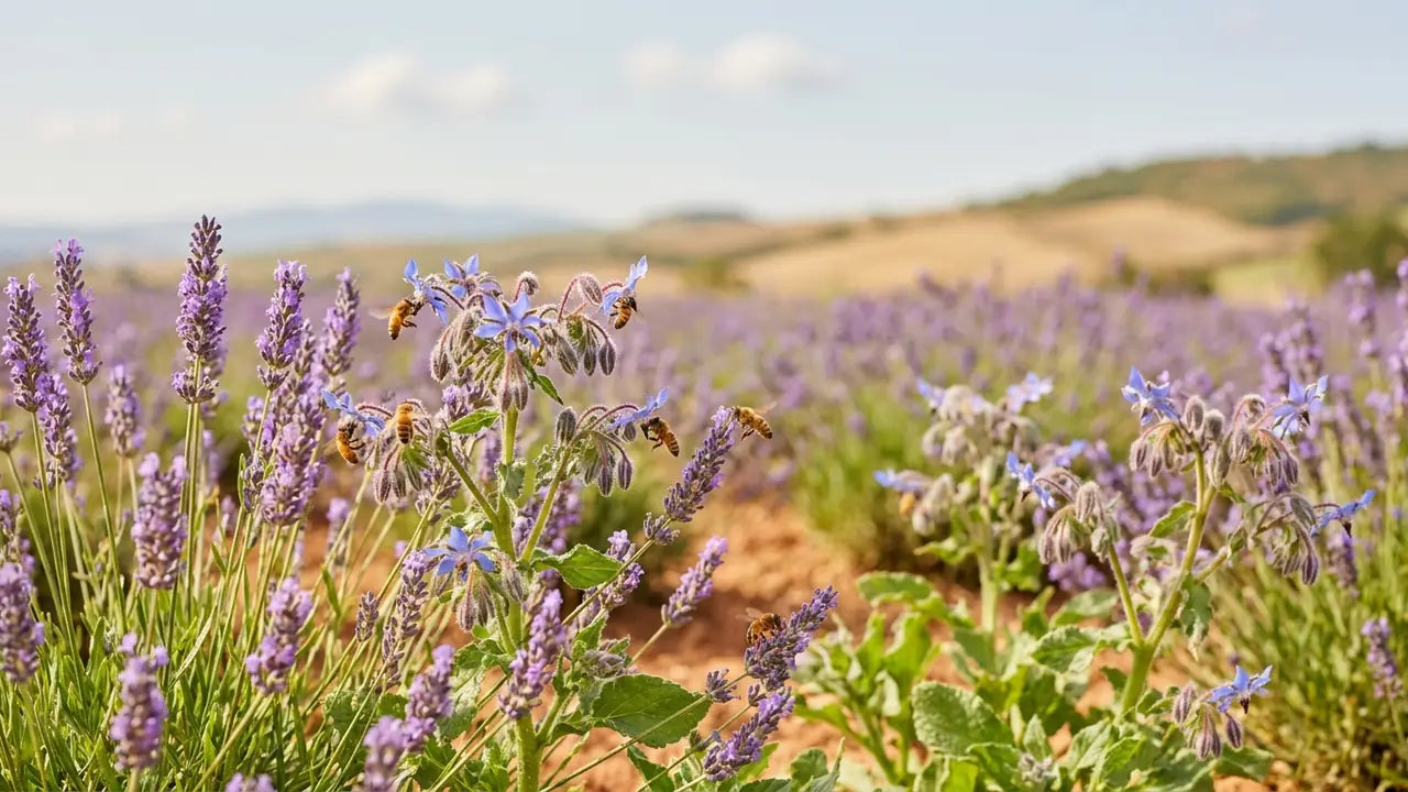 Champ de plantes mellifères, des fleurs de lavande violettes et de bourrache bleues avec des pollinisateurs