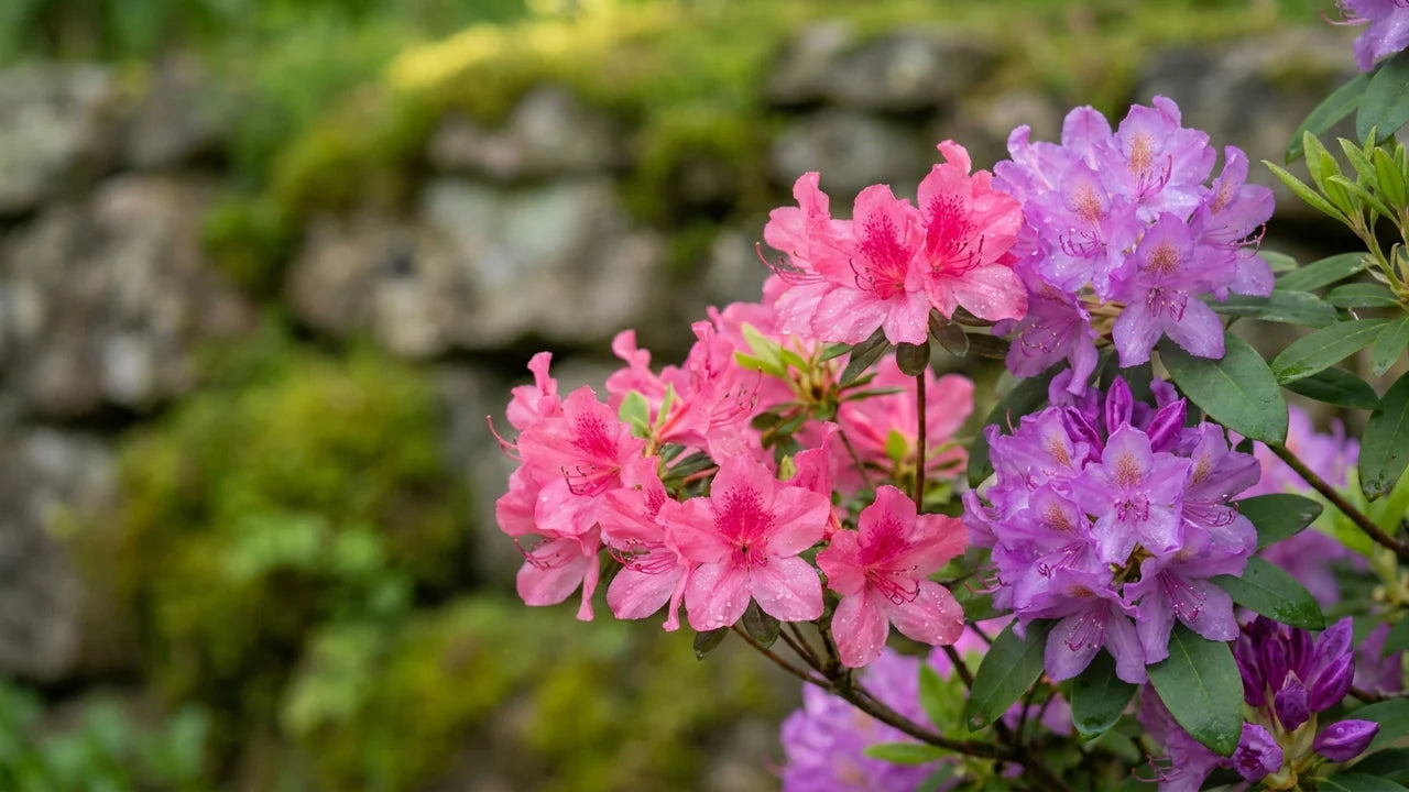 Rhododendrons et azalées roses et violets en pleine floraison avec des feuilles vertes, fond de mur moussu