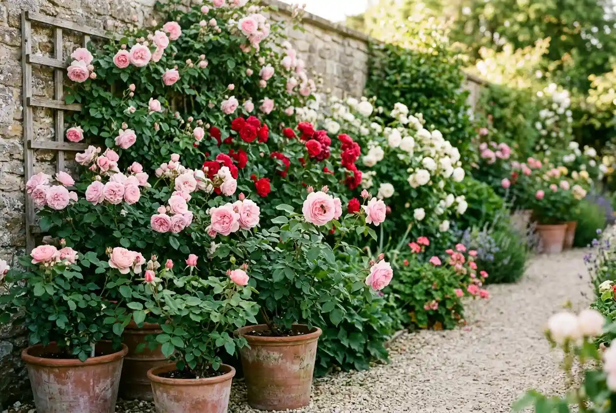 Rosiers en fleurs roses, rouges et crème palissés sur un mur de pierre à treillage, pots en terre cuite le long d'une allée de gravier
