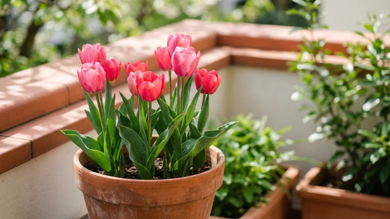Pot en terre cuite rempli de tulipes roses lumineuses avec leur feuillage vert vif sur un balcon ensoleillé