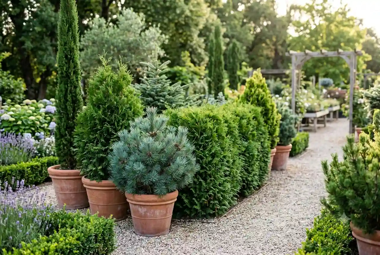 Conifères en pots de terre cuite le long d'une allée de gravier : cyprès, thuyas, épicéa et pin bleutés, bordures de buis et lavande