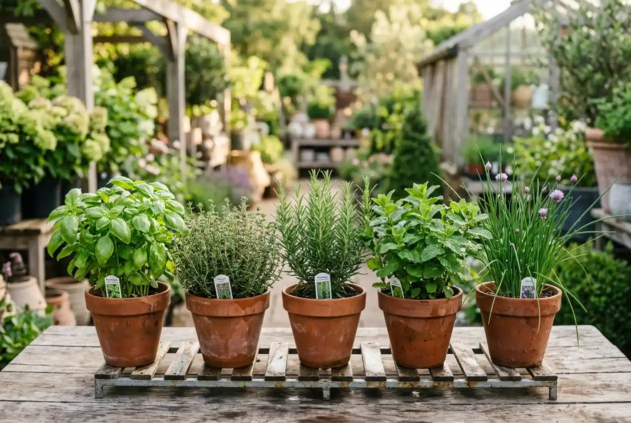 Cinq pots en terre cuite alignés sur une table en bois : basilic, thym, romarin, menthe et ciboulette fleurie, dans un jardin