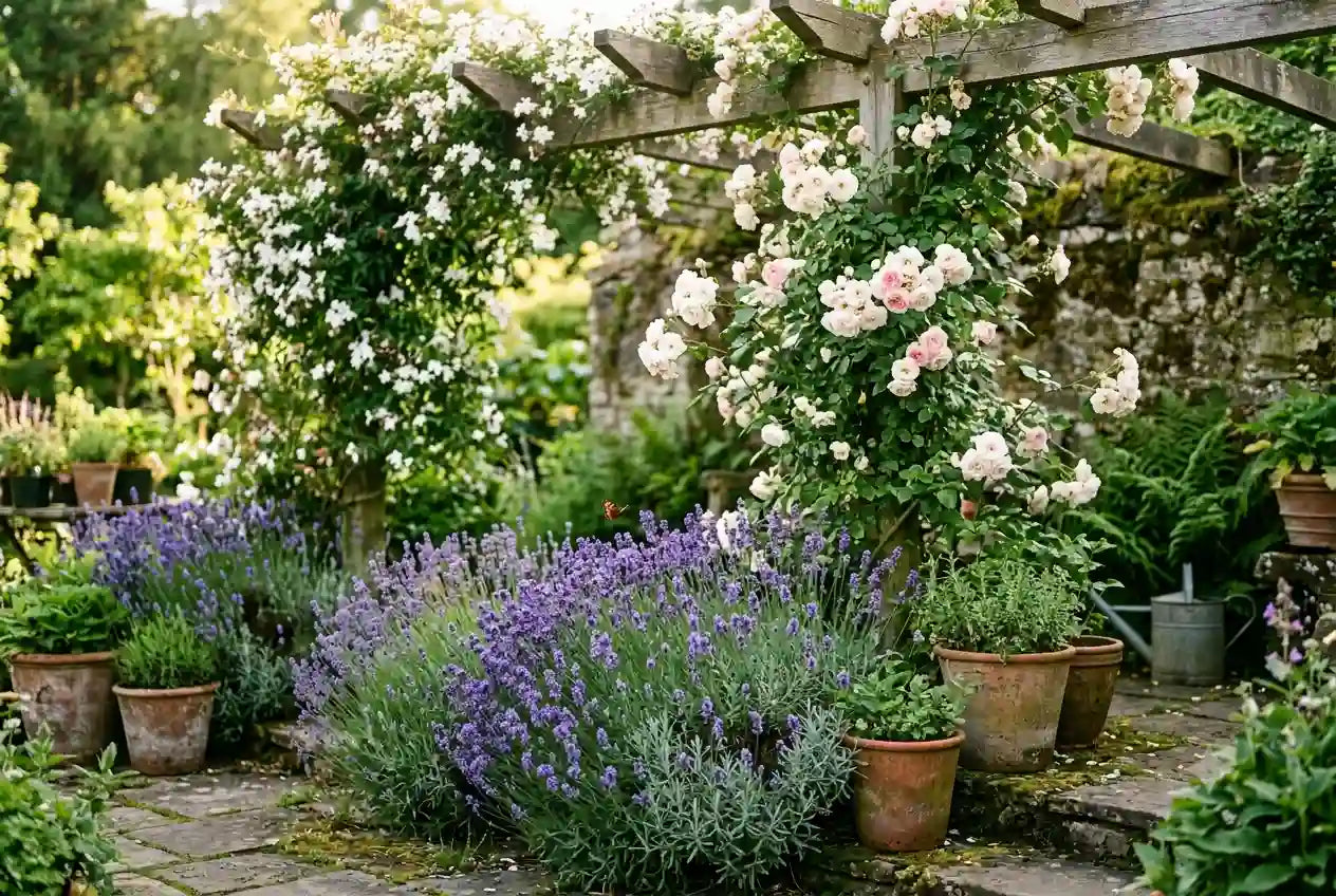 Jardin parfumé : rosier grimpant crème sur une pergola en bois, jasmin blanc et lavande en fleur, pots en terre cuite sur terrasse pavée