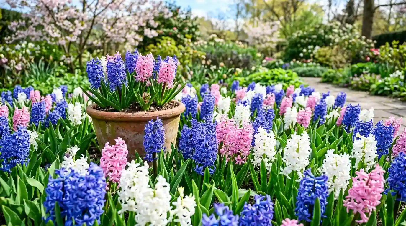 Épis de jacinthes de Hollande roses, bleues et blanches en fleurs au printemps dans un massif de jardin ensoleillé, avec un pot en terre cuite.
