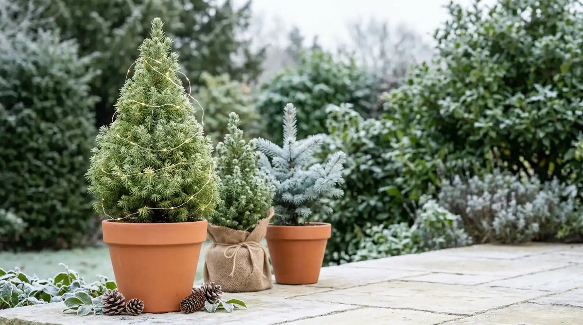 Sapins de Noël vivants en pot sur une terrasse givrée : épicéa Picea glauca 'Conica' en pot en terre cuite avec guirlande lumineuse, Conica en sac de jute et épicéa bleu Picea pungens Glauca