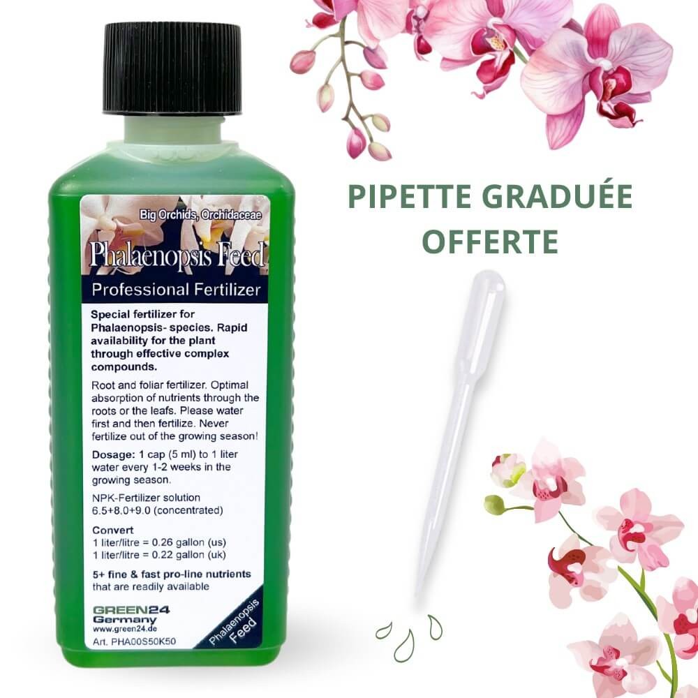 Engrais Orchidées Phalaenopsis, bouteille verte de 250ml avec bouchon noir, et pipette graduée transparente