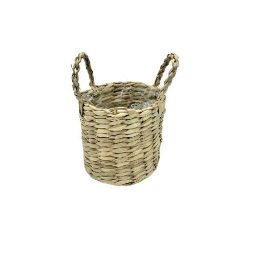 Mini cache-pot osier tressé beige clair avec deux anses, doublé d'une protection en plastique transparent