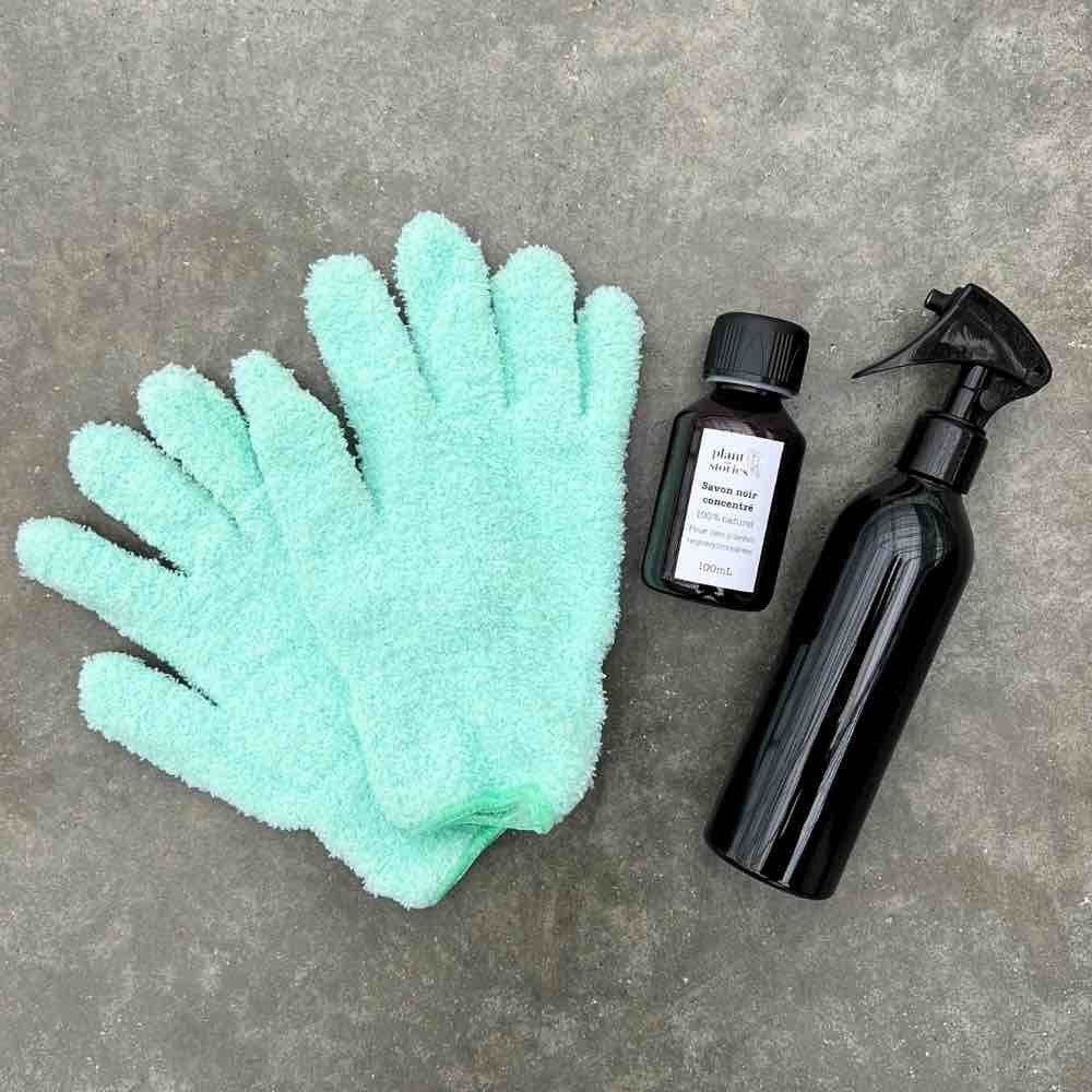 Pack soin des plantes avec des gants doux turquoise, un flacon de savon noir et un pulvérisateur noir