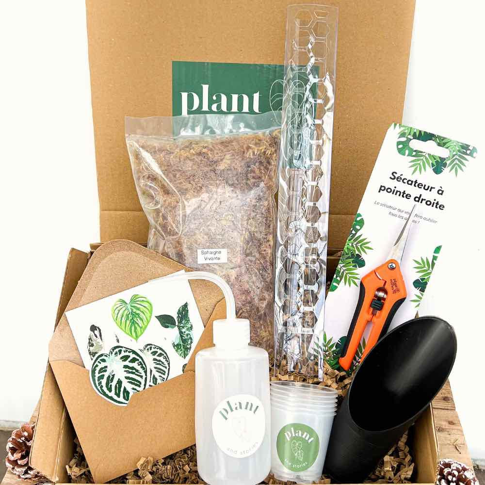 Le coffret complet de bouturage contient sphaigne, sécateur, tuteur, flacon distributeur, godets et carte
