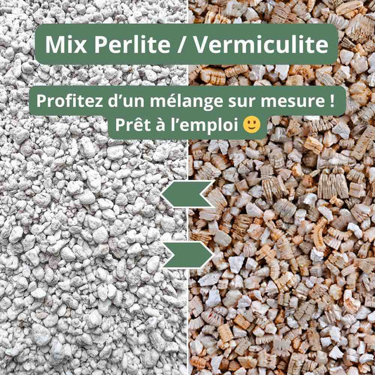 Gros plan sur la texture granuleuse de perlite blanche et vermiculite brun clair, deux substrats pour semis