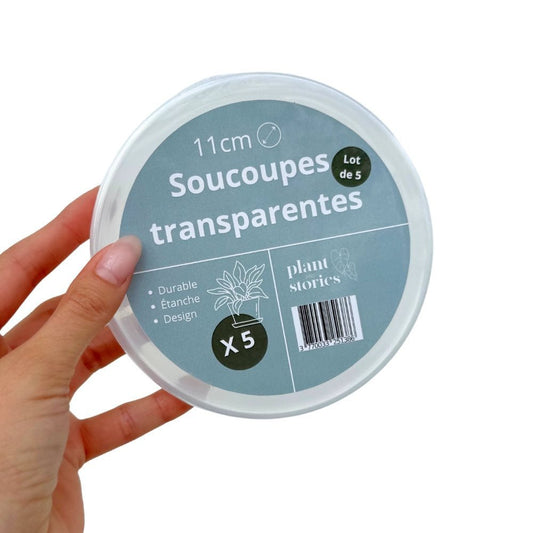 Un lot de soucoupes transparentes pour plantes en plastique rigide de 11 cm de diamètre