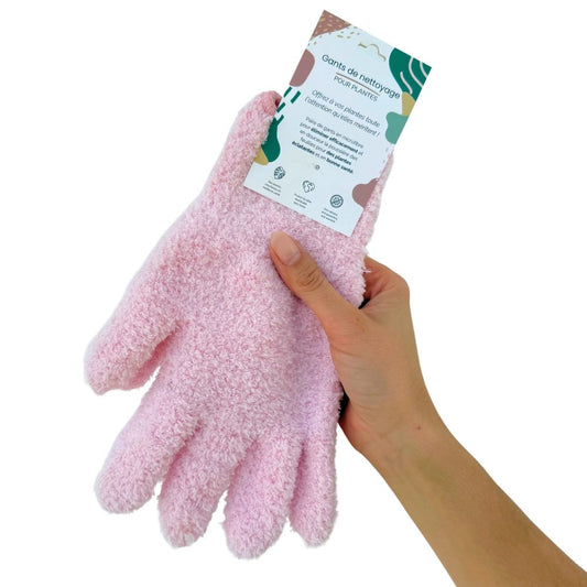Gants de nettoyage pour plantes en microfibre rose, doux et efficaces pour éliminer le calcaire des feuilles
