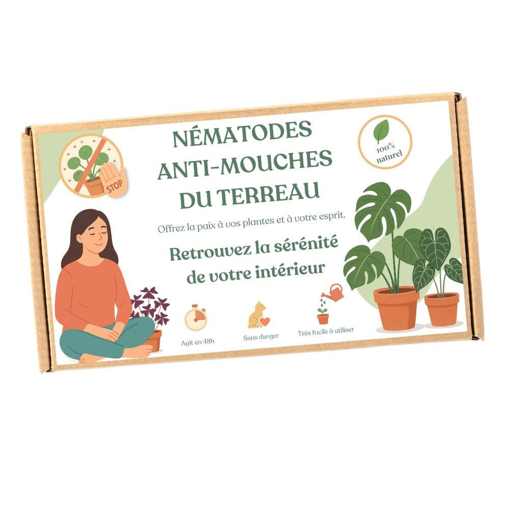 Une boîte en carton illustrée avec des nématodes anti mouches du terreau pour des plantes d'intérieur paisibles
