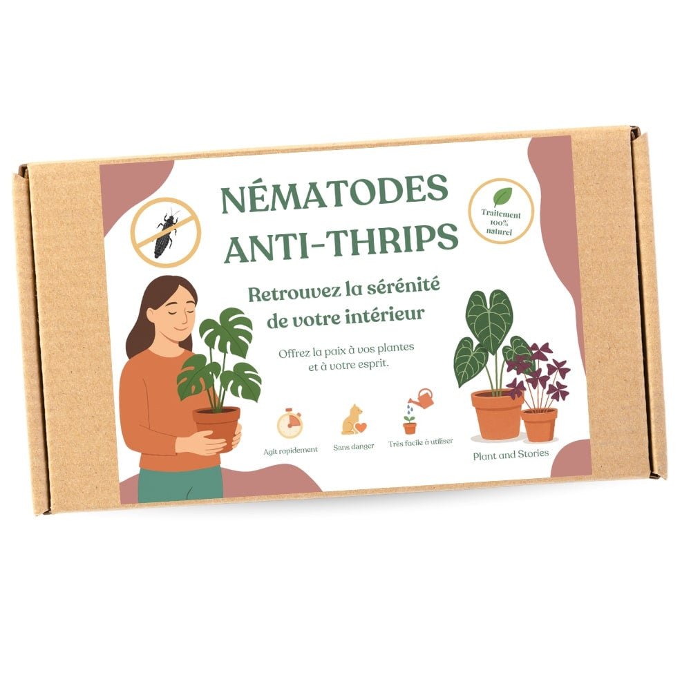 Boîte de nématodes anti thrips, avec une illustration de femme et de plantes en pot, au design naturel