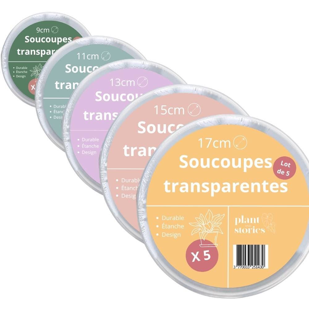 Plusieurs soucoupes transparentes pour plantes de tailles différentes, avec des étiquettes colorées variées