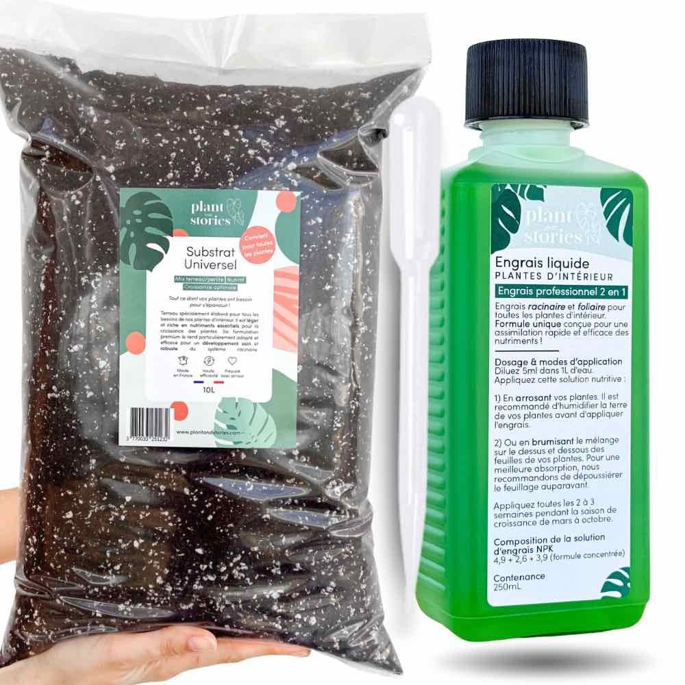 Un sac de substrat universel de 10L et une bouteille verte d'engrais liquide universel avec une pipette graduée
