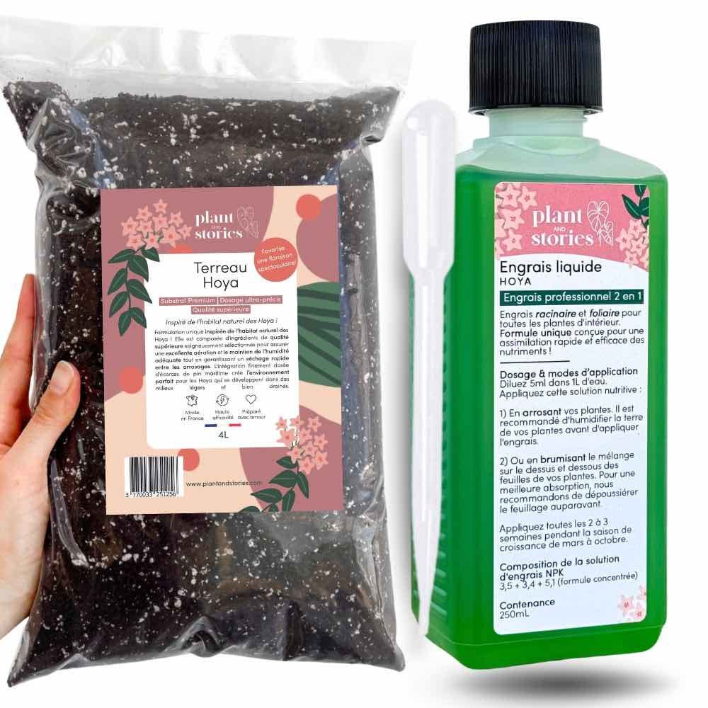 Un sac de terreau Hoya de 4L, une bouteille verte d'engrais liquide Hoya et une pipette blanche graduée