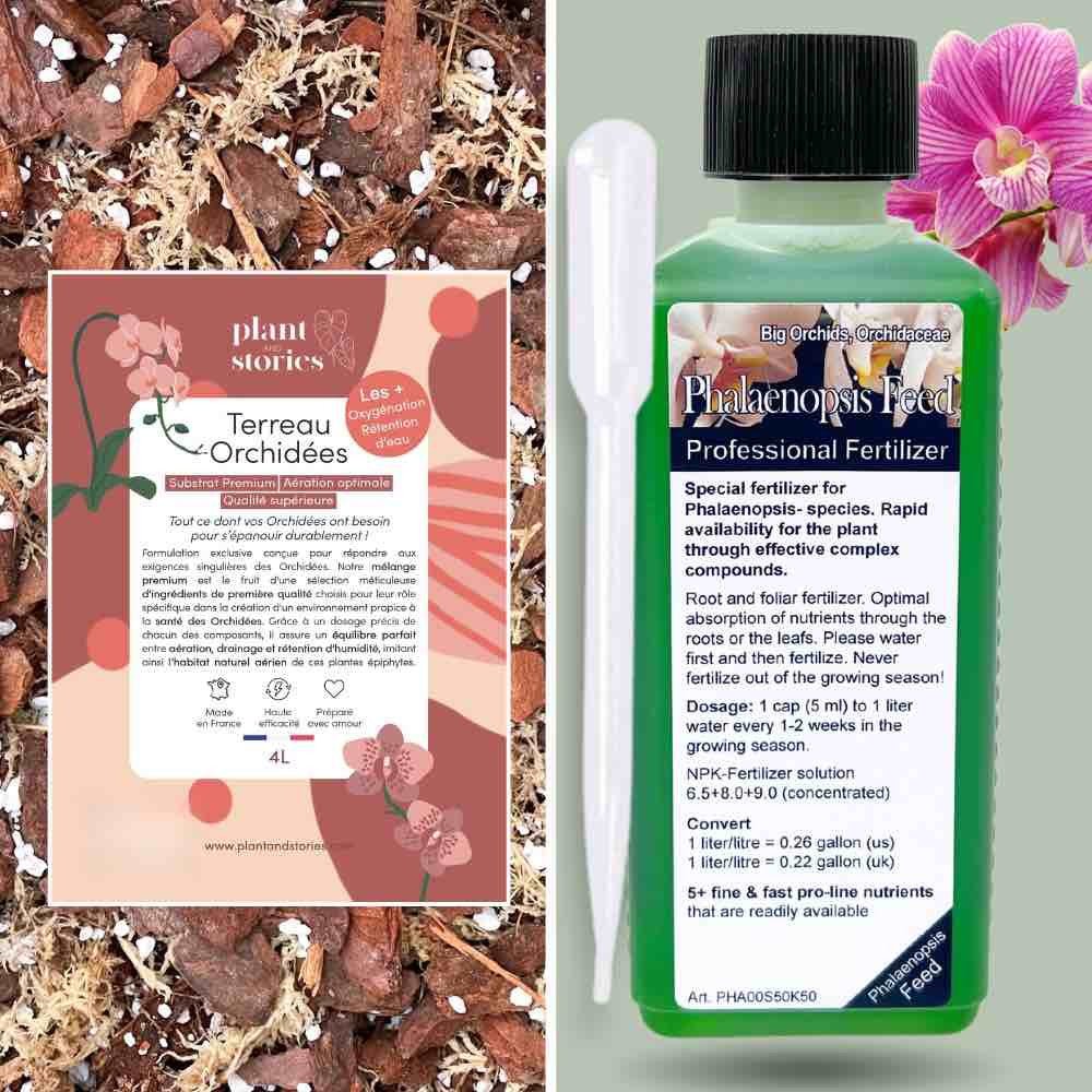 Un sac de terreau spécial Orchidées avec un engrais liquide Phalaenopsis Feed et sa pipette graduée offerte