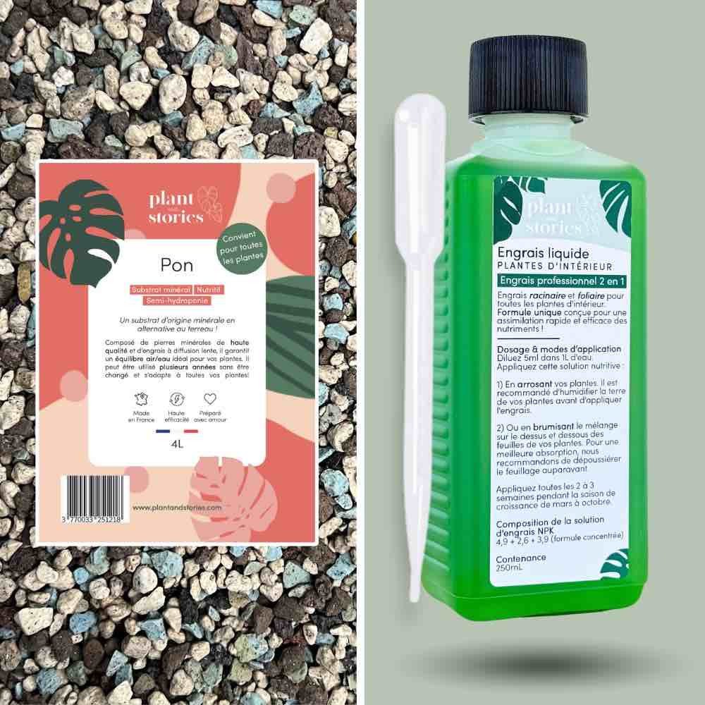 Un sac de substrat minéral hydroponique pour plantes et un flacon d'engrais liquide avec une pipette
