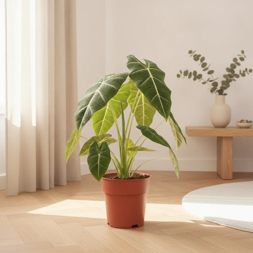 Alocasia Frydek de 60cm, pot 19cm. Sublime plante d'intérieur aux feuilles vertes veinées, parfaite pour votre déco.