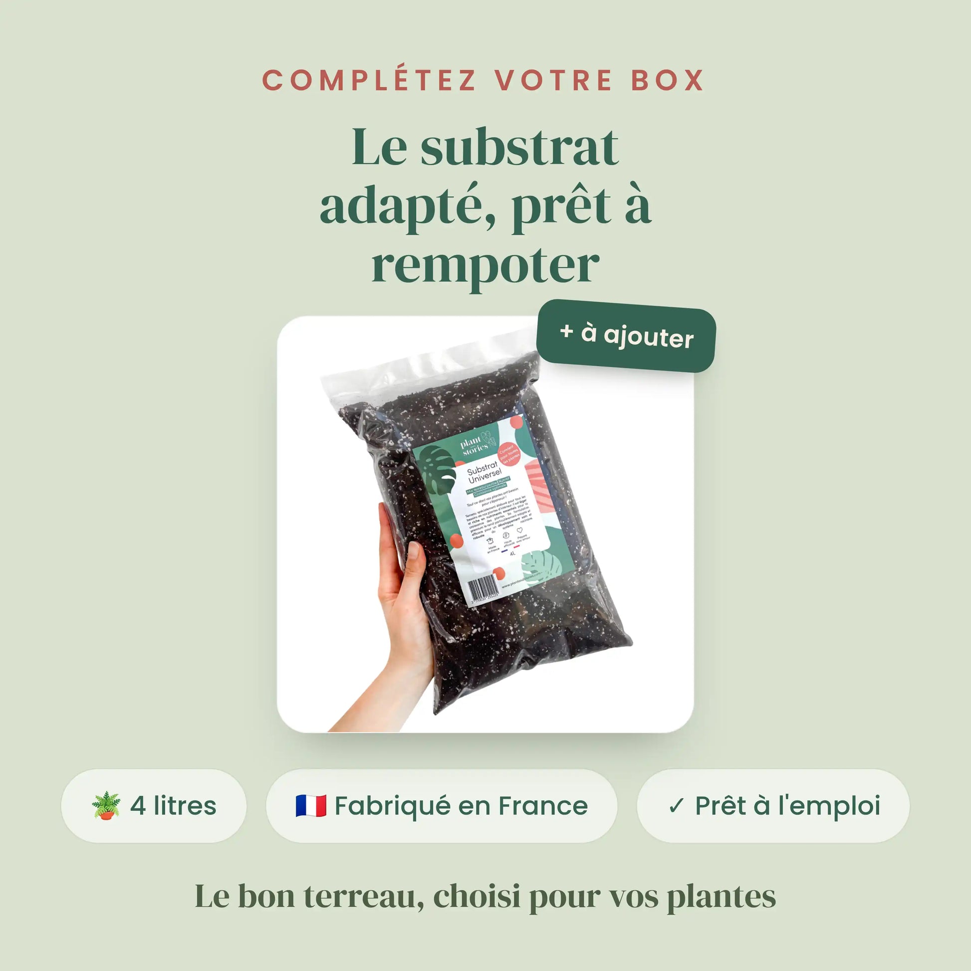 Sac de substrat universel 4 litres Plant and Stories, prêt à l’emploi et fabriqué en France, pour rempoter les plantes.