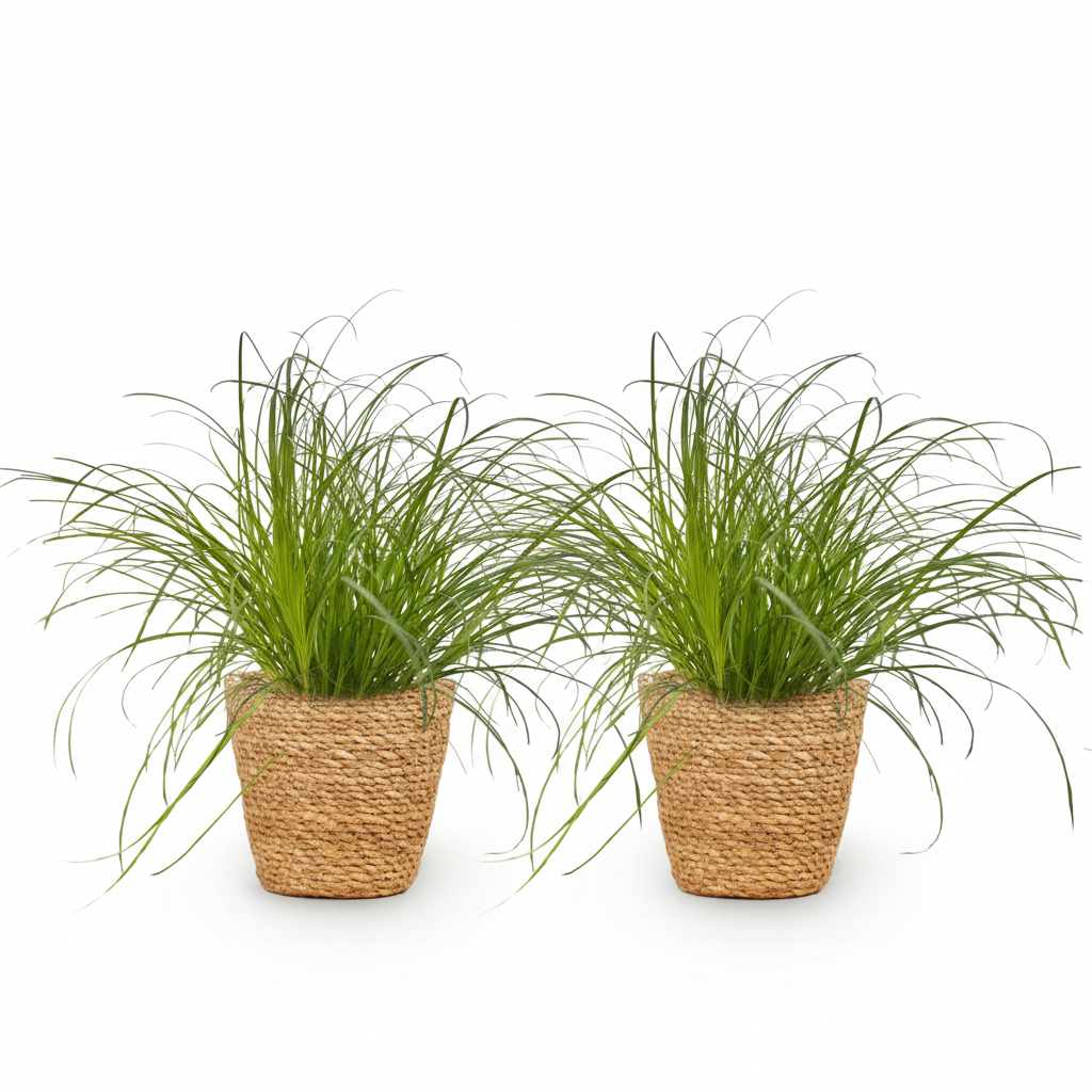 Deux Cyperus alternifolius Zumula pet-friendly en pot de fibres naturelles tressées sur fond blanc