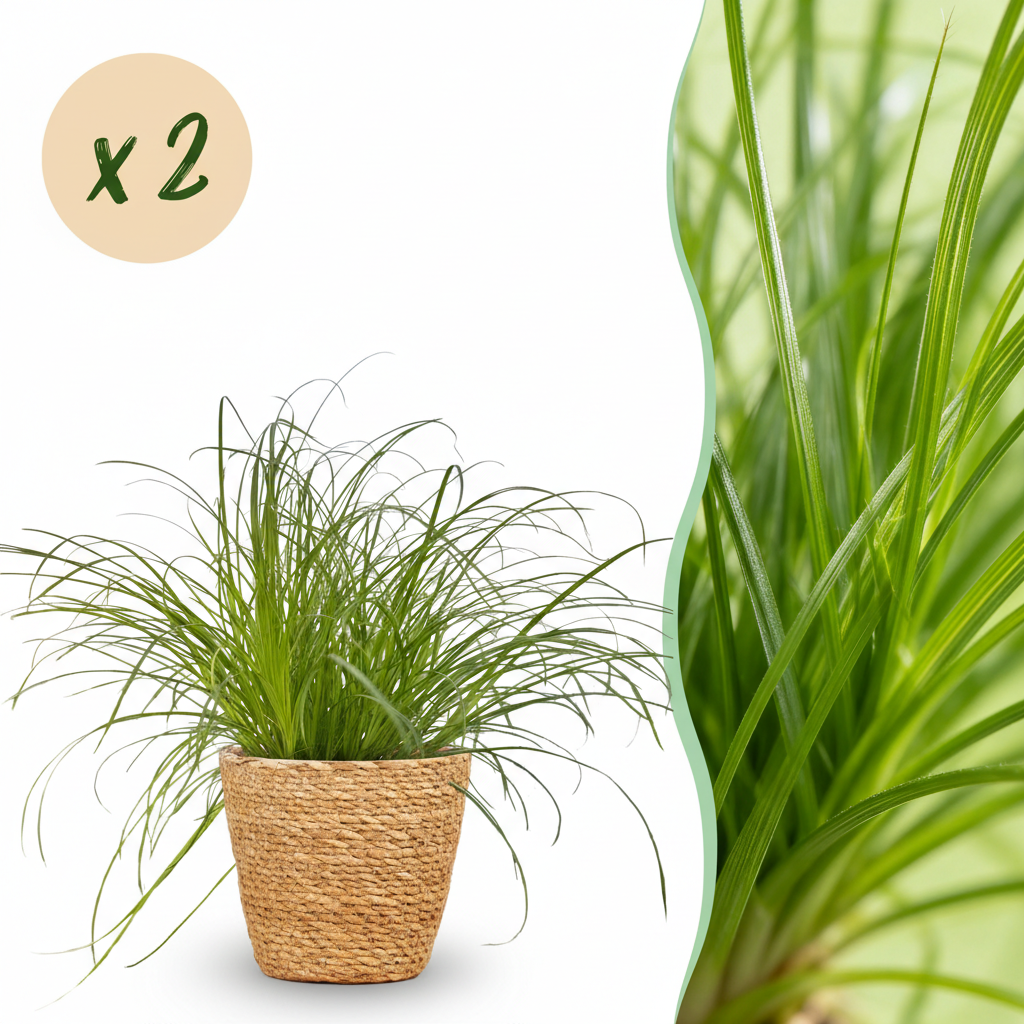 Une élégante plante à chats Cyperus alternifolius Zumula avec son feuillage fin et dense dans un cache-pot panier