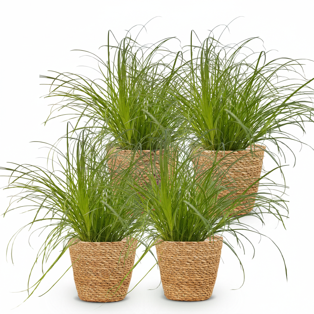 Quatre Cyperus alternifolius Zumula aux longues feuilles vertes poussant dans des paniers tresses en osier clair