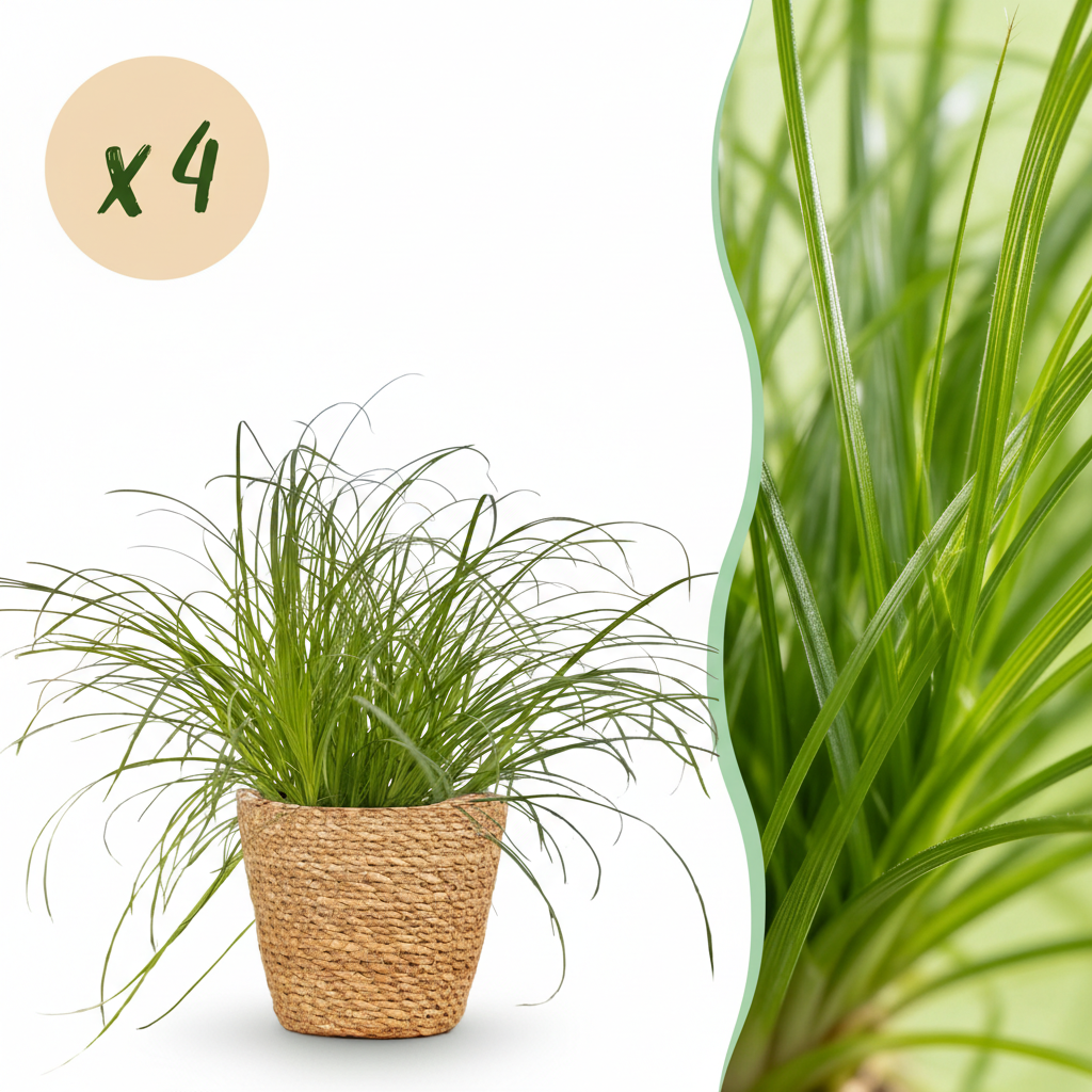 Un Cyperus alternifolius Zumula avec des feuilles vert vif et fines, présenté dans un cache-pot Panier tressé