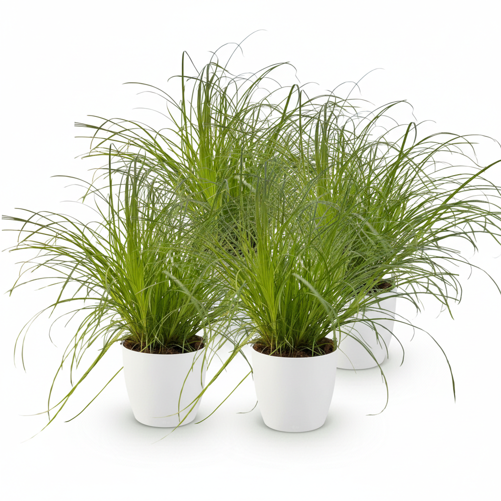 Quatre Cyperus alternifolius Zumula aux fines feuilles vertes luxuriantes dans des pots blancs sur fond clair